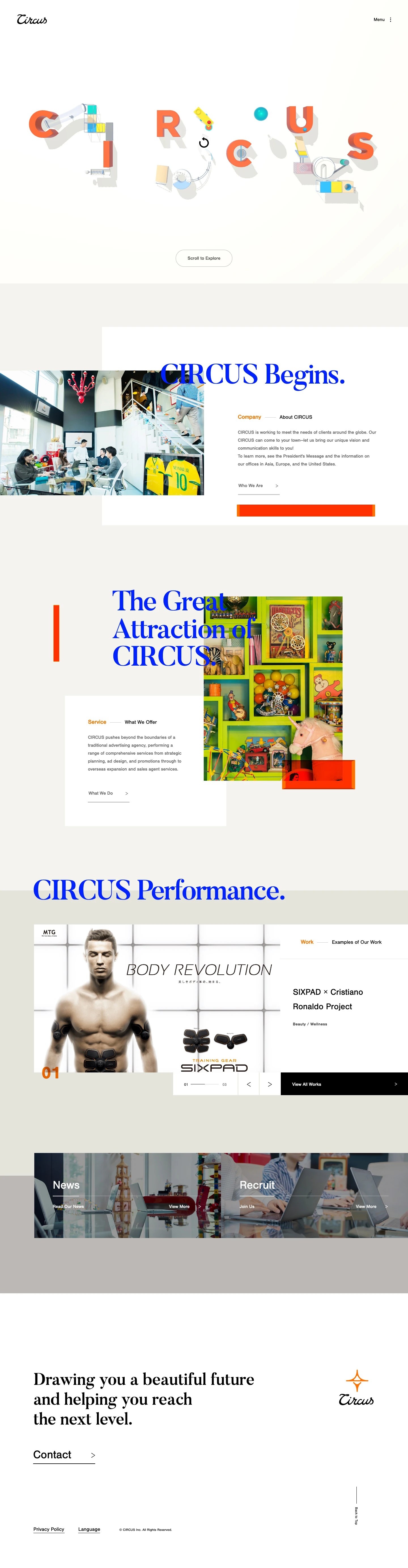 Circus Landing Page Example: CIRCUS offers a-to-z service—planning, consulting, and advertising to support for overseas expansion and sales agent services. Like a traveling circus, we cover the globe to serve you.