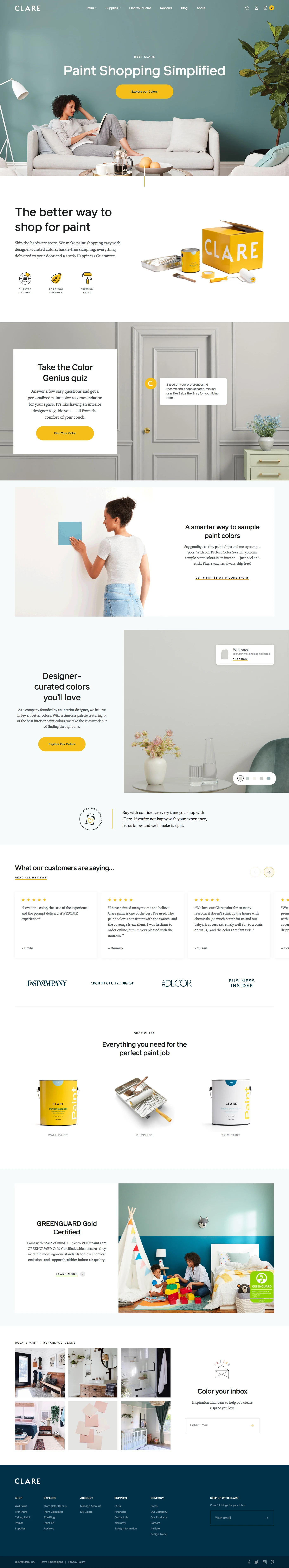 Clare Landing Page Example: The better way to shop for paint. Get Premium, Zero VOC paint, designer-curated paint colors, easy adhesive swatches and the best painting supplies, delivered.