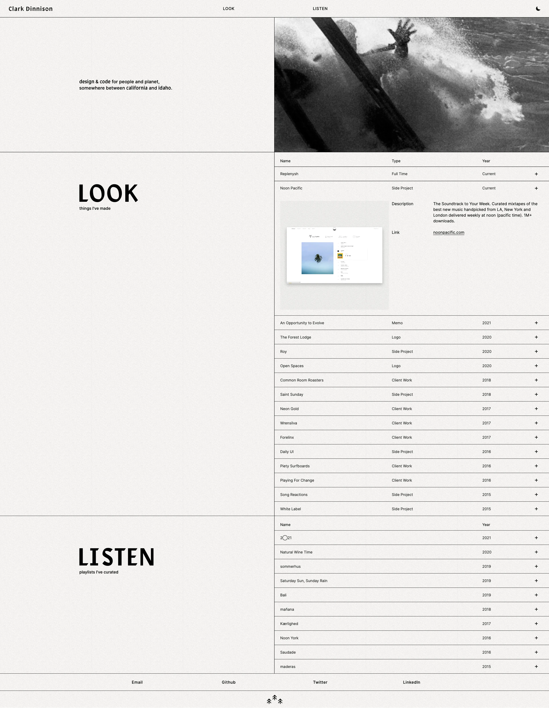Clark Dinnison Landing Page Example: A designer + developer focused on building internet things to better this planet, somewhere between California and Idaho.