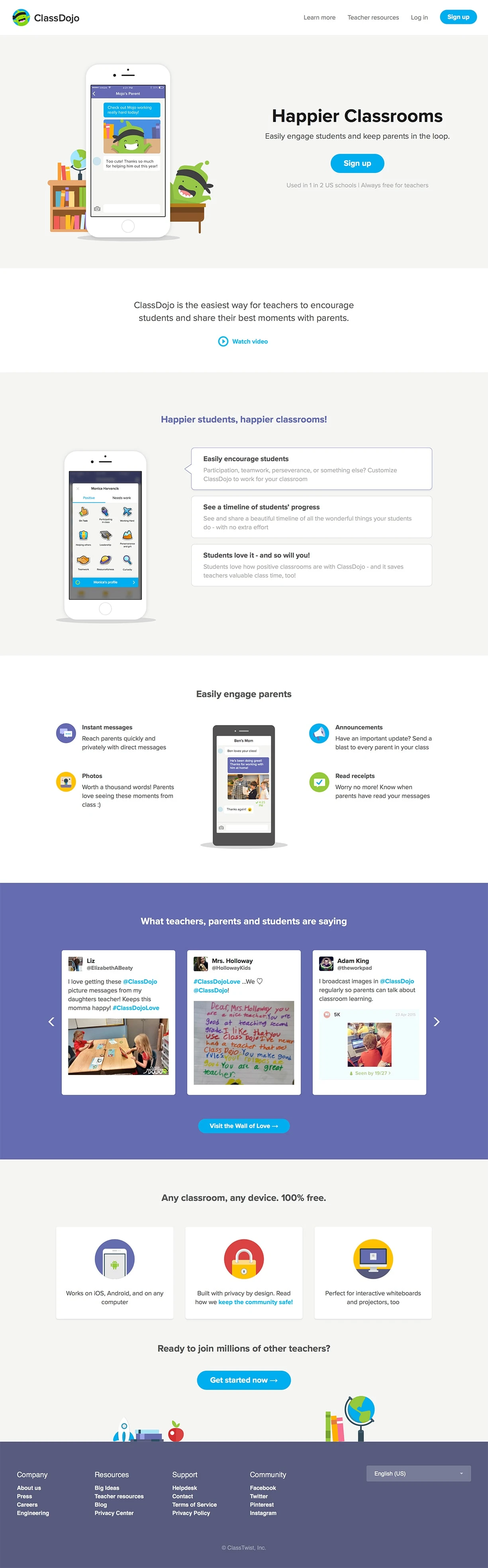 ClassDojo Landing Page Example: Simple, positive classroom management, and parent engagement. Loved by over 35 million teachers, parents, and students.