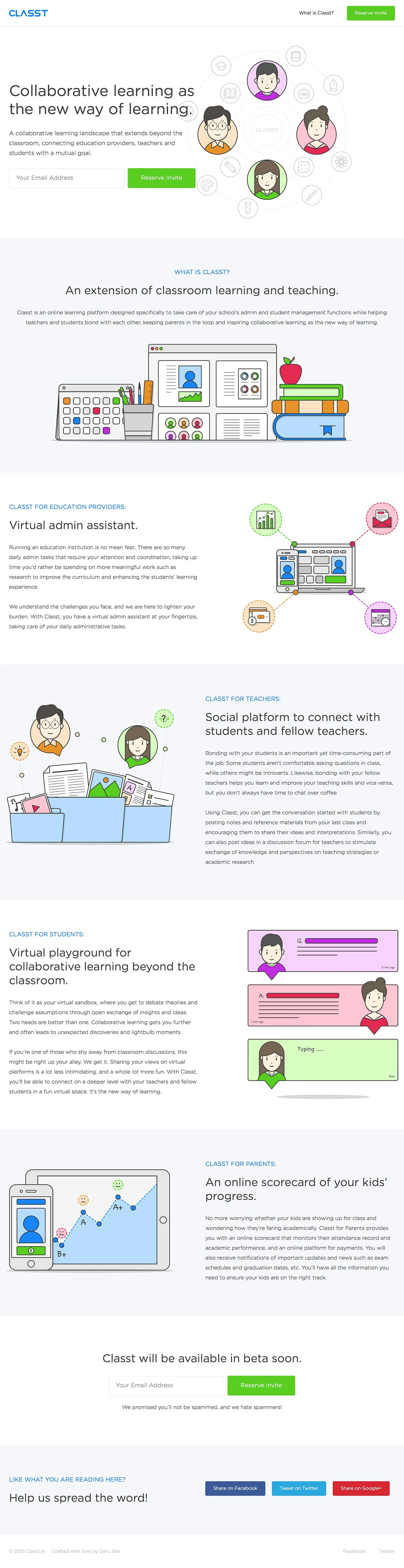 Classt Landing Page Example: A collaborative learning landscape that extends beyond the classroom, connecting teachers and students with a mutual goal.