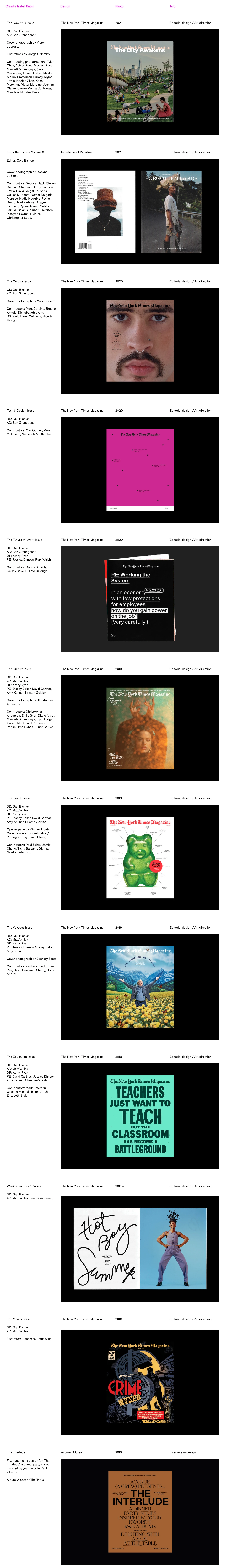 Claudia Rubin Landing Page Example: Claudia Isabel Rubín is a graphic designer from Puerto Rico, based in Brooklyn, New York. She graduated from Syracuse University with a BFA in Communications Design. She is currently a designer at The New York Times Magazine.