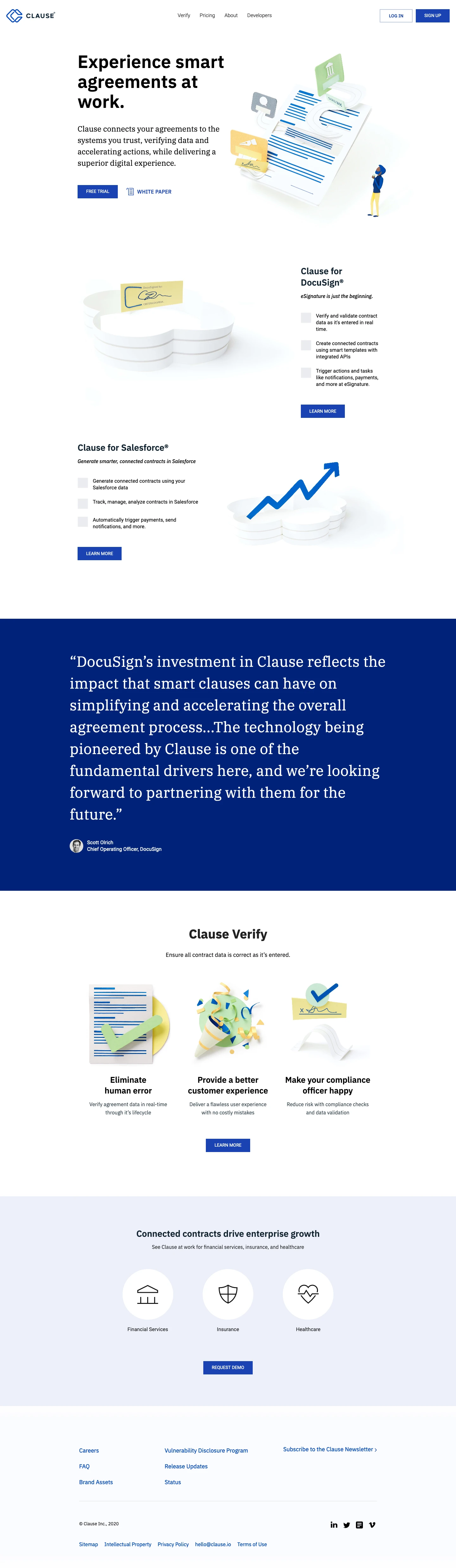 Clause Landing Page Example: Experience smart agreements at work. Clause connects your agreements to the systems you trust, verifying data and accelerating actions, while delivering a superior digital experience.