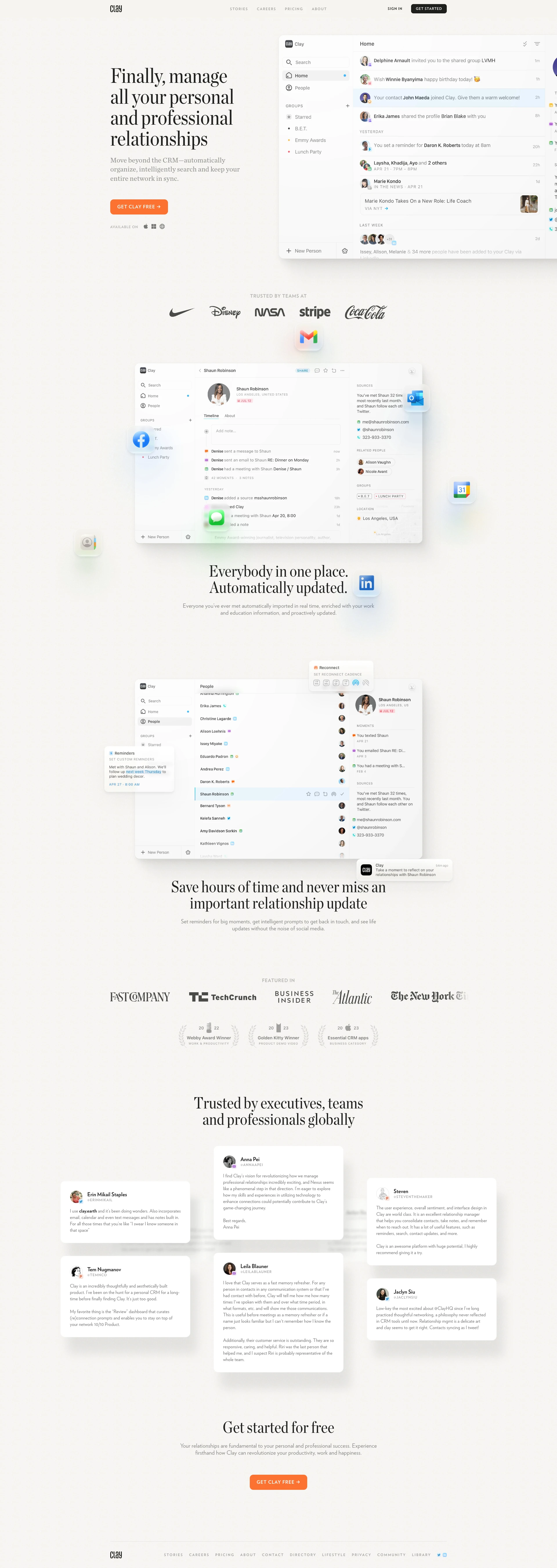Clay Landing Page Example: Clay is a beautiful and private rolodex for iPhone, Mac, and web, built automatically to help you be more thoughtful with the contacts and people in your professional network and personal life.