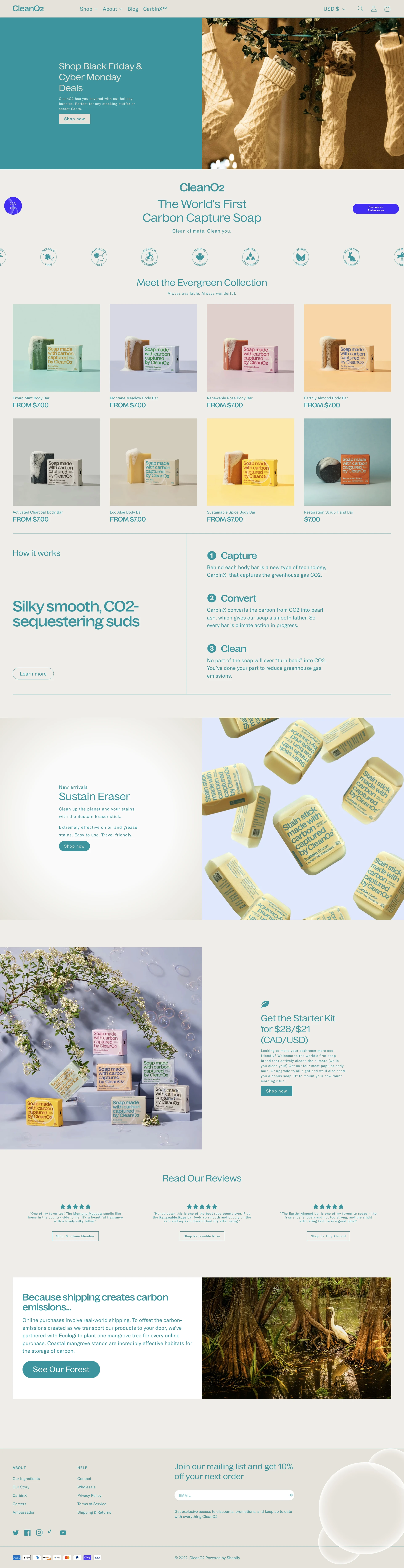 CleanO2 Landing Page Example: CleanO2 developed CarbinX technology to fight climate change by converting CO2 from commercial heating systems into everyday carbon capture products such as soap and cleaners
