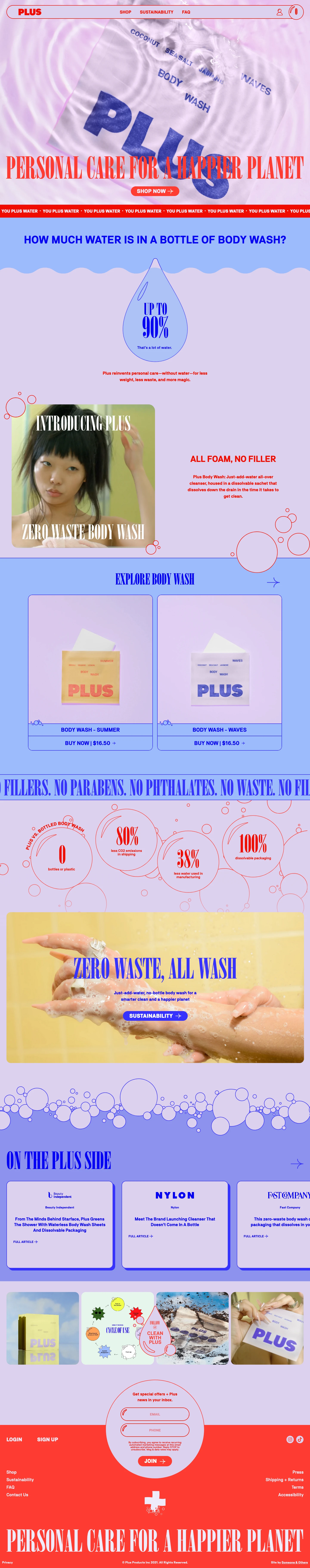 Plus Landing Page Example: Zero waste, just-add-water body wash. 100% plastic-free, dissolvable packaging that disappears down the drain + certified compostable mailers. For less waste + more magic.