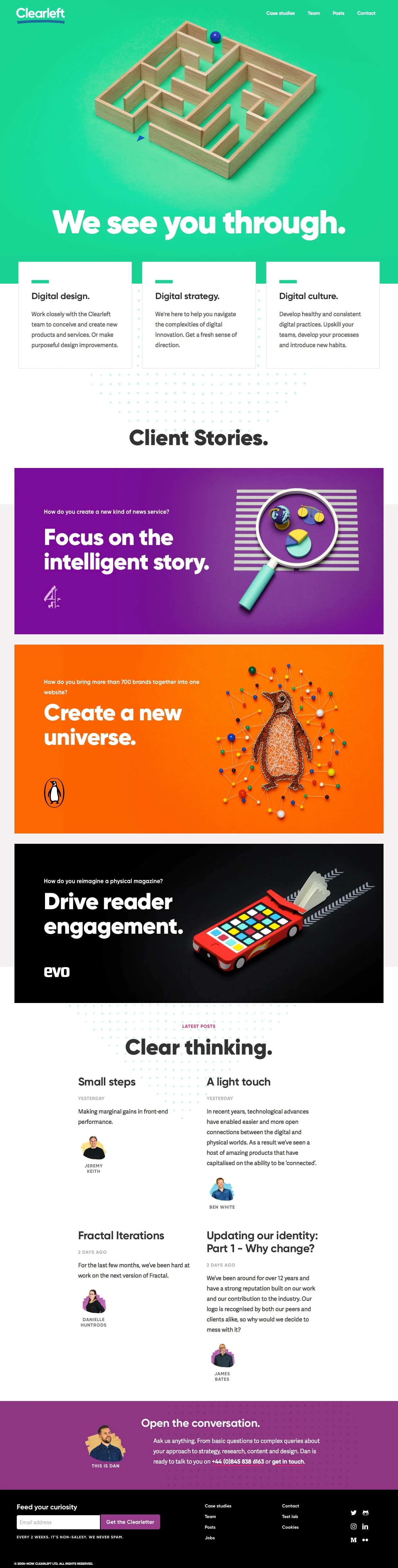 Clearleft Landing Page Example: Work closely with the Clearleft team to conceive and create new products and services. 
