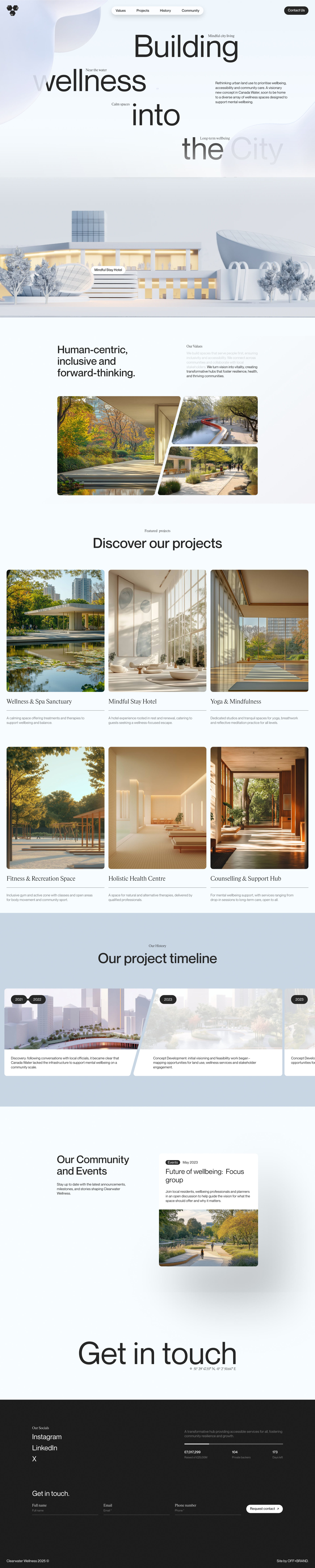 Clearwater Landing Page Example: Rethinking urban land use to prioritise wellbeing, accessibility and community care. A visionary new concept in Canada Water, soon to be home to a diverse array of wellness spaces designed to support mental wellbeing.