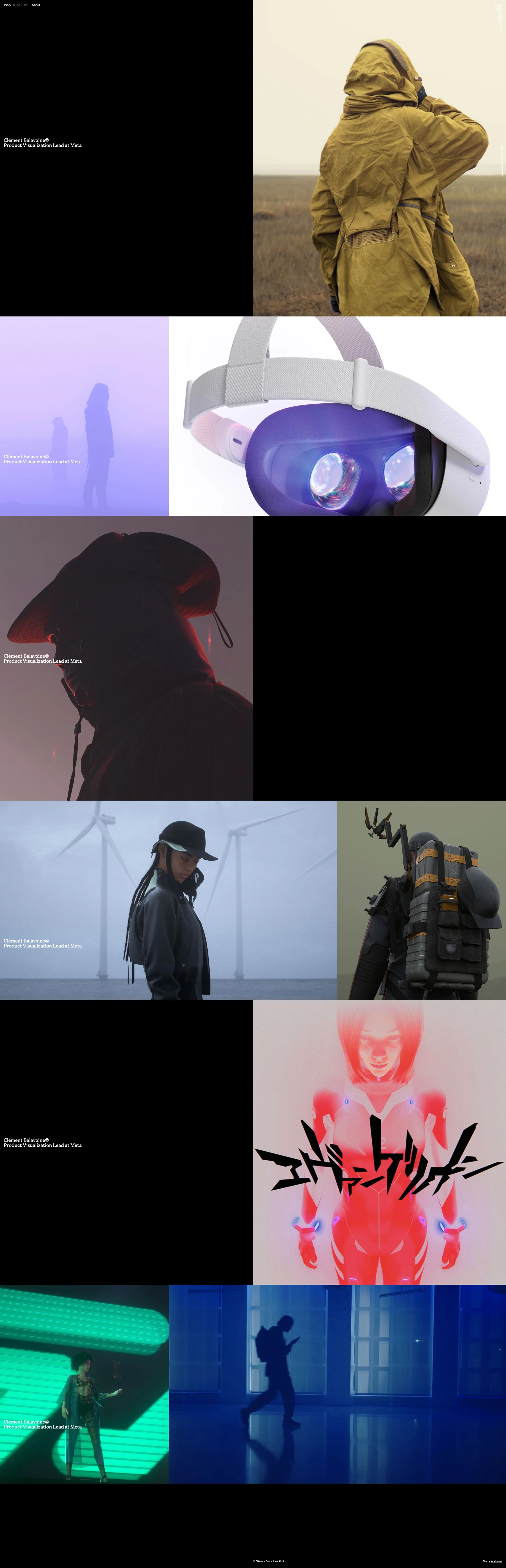 Clément Balavoine Landing Page Example: Clement Balavoine is a Director+Designer living in Seattle and is currently leading the product visualization group at Meta Reality Labs. Clement's body of work includes collaborations with Nike, Adidas Originals, Hamcus, The North Face, Oculus, Louis Vuitton and more.