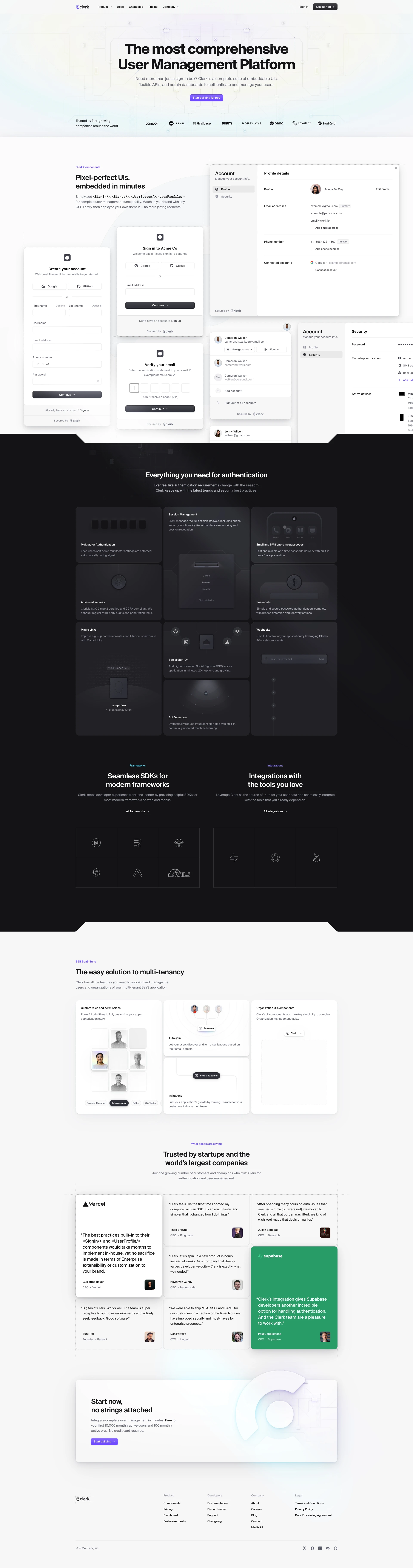 Clerk Landing Page Example: The most comprehensive User Management Platform. Need more than just a sign-in box? Clerk is a complete suite of embeddable UIs, flexible APIs, and admin dashboards to authenticate and manage your users.