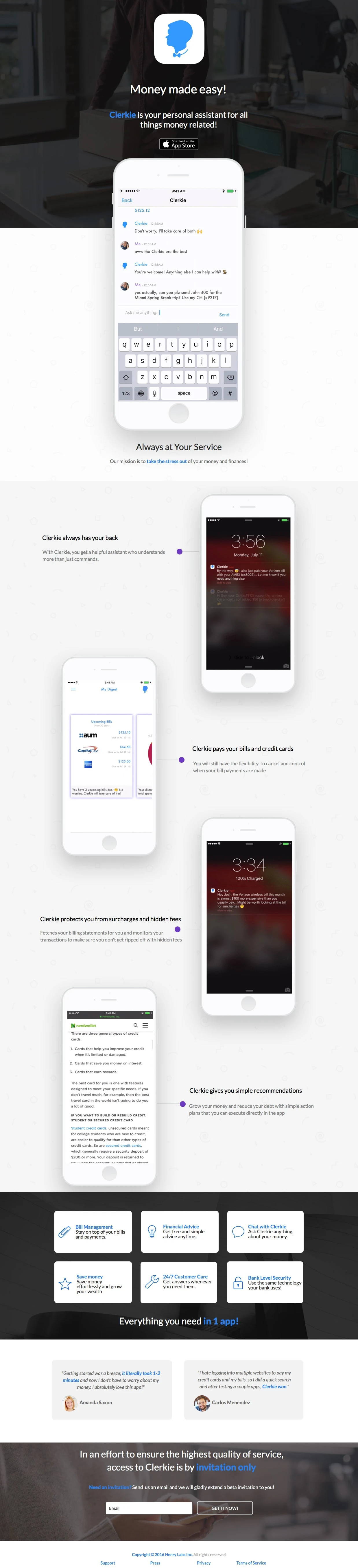 Clerkie Landing Page Example: Clerkie is your personal assistant for all things money related!