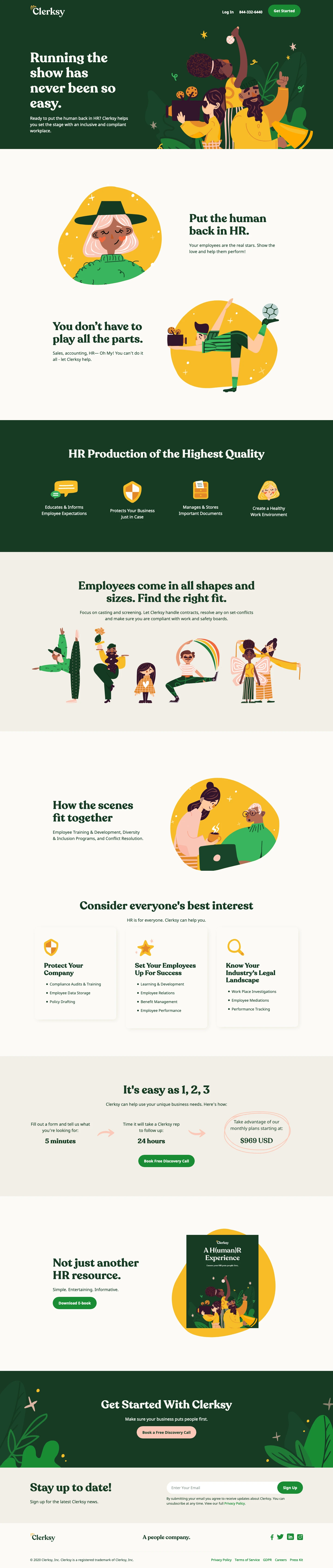 Clerksy Landing Page Example: Running the show has never been so easy. Ready to put the human back in HR? Clerksy helps you set the stage with an inclusive and compliant workplace.