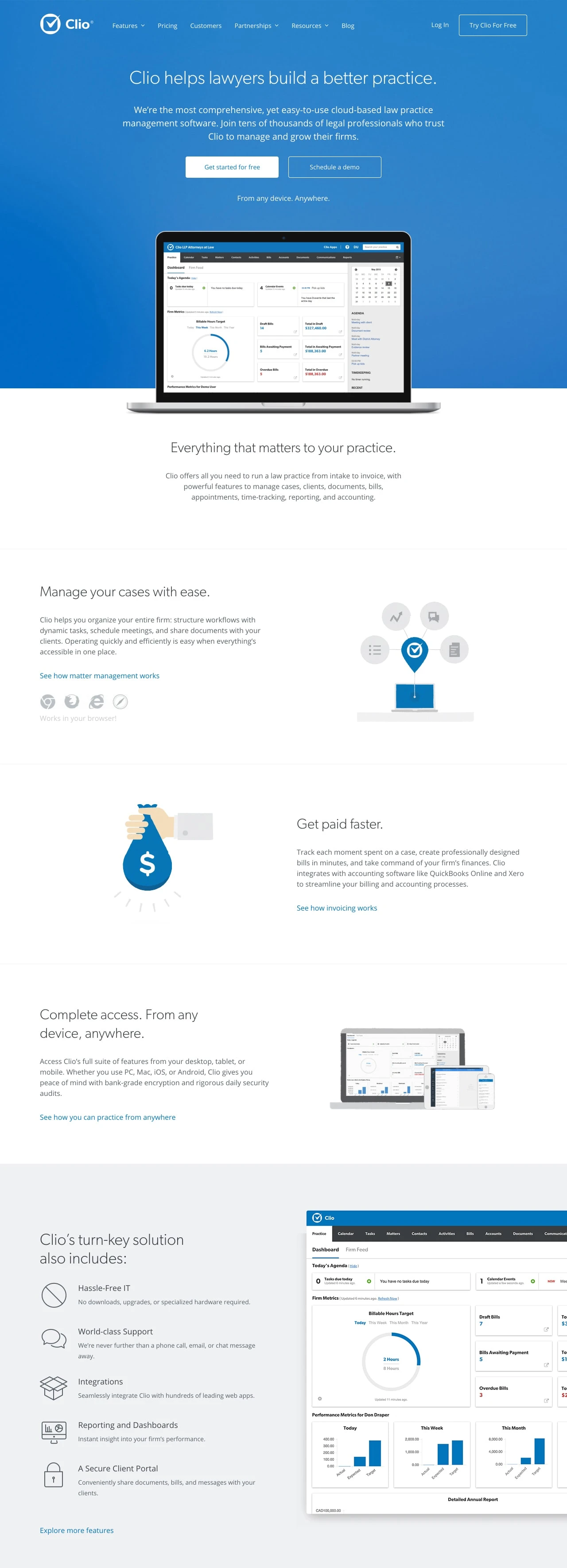 Clio Landing Page Example: We’re the most comprehensive, yet easy-to-use cloud-based law practice management software. Join tens of thousands of legal professionals who trust Clio to manage and grow their firms.