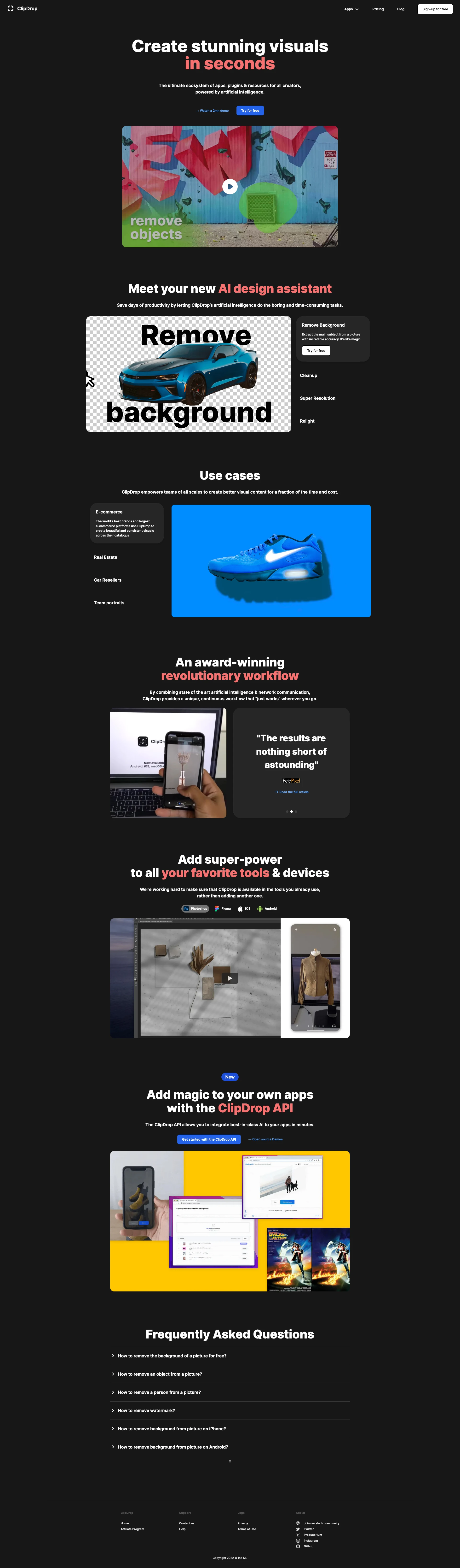 ClipDrop Landing Page Example: Create stunning visuals in seconds. The ultimate ecosystem of apps, plugins & resources for all creators, powered by artificial intelligence.