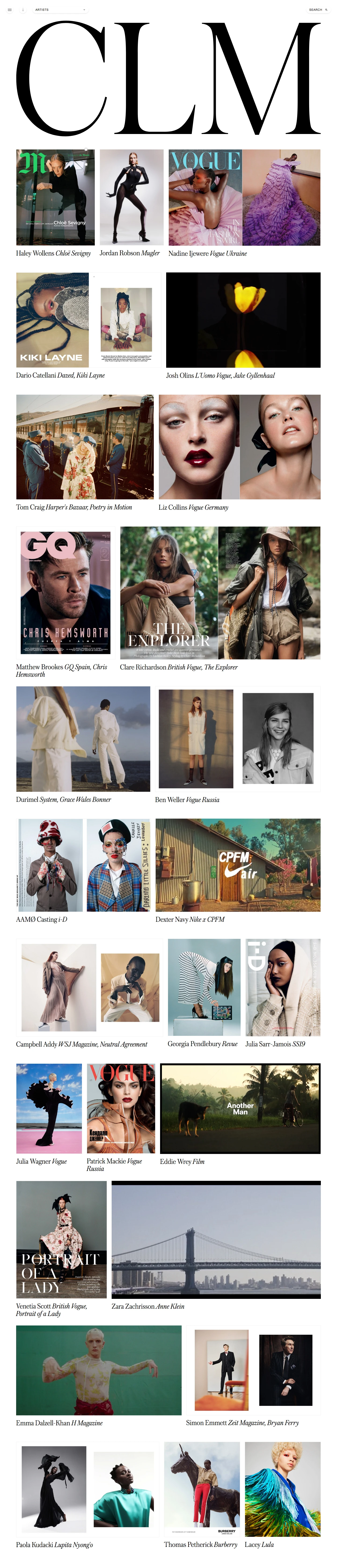 CLM Agency Landing Page Example: Creative agency with offices in London and New York. Representing some of the industry’s most sought after artists.
