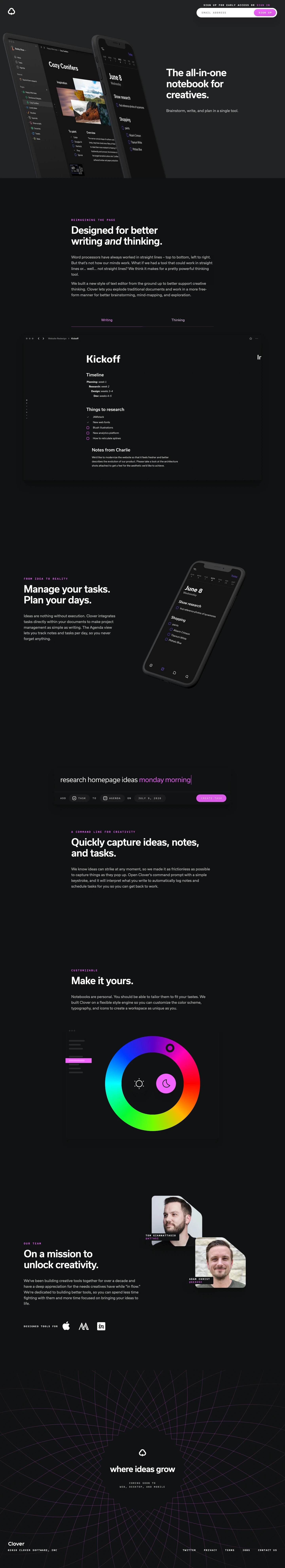 Clover Landing Page Example: The all-in-one notebook for creatives. Brainstorm, write, and plan in a single tool.