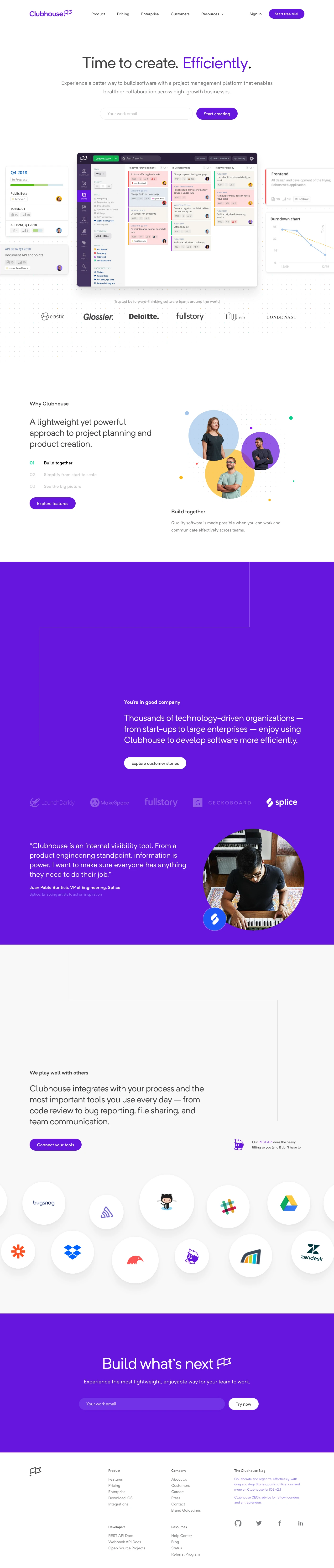 Clubhouse Landing Page Example: Experience a better way to build software with a project management platform that enables healthier collaboration across high-growth businesses.