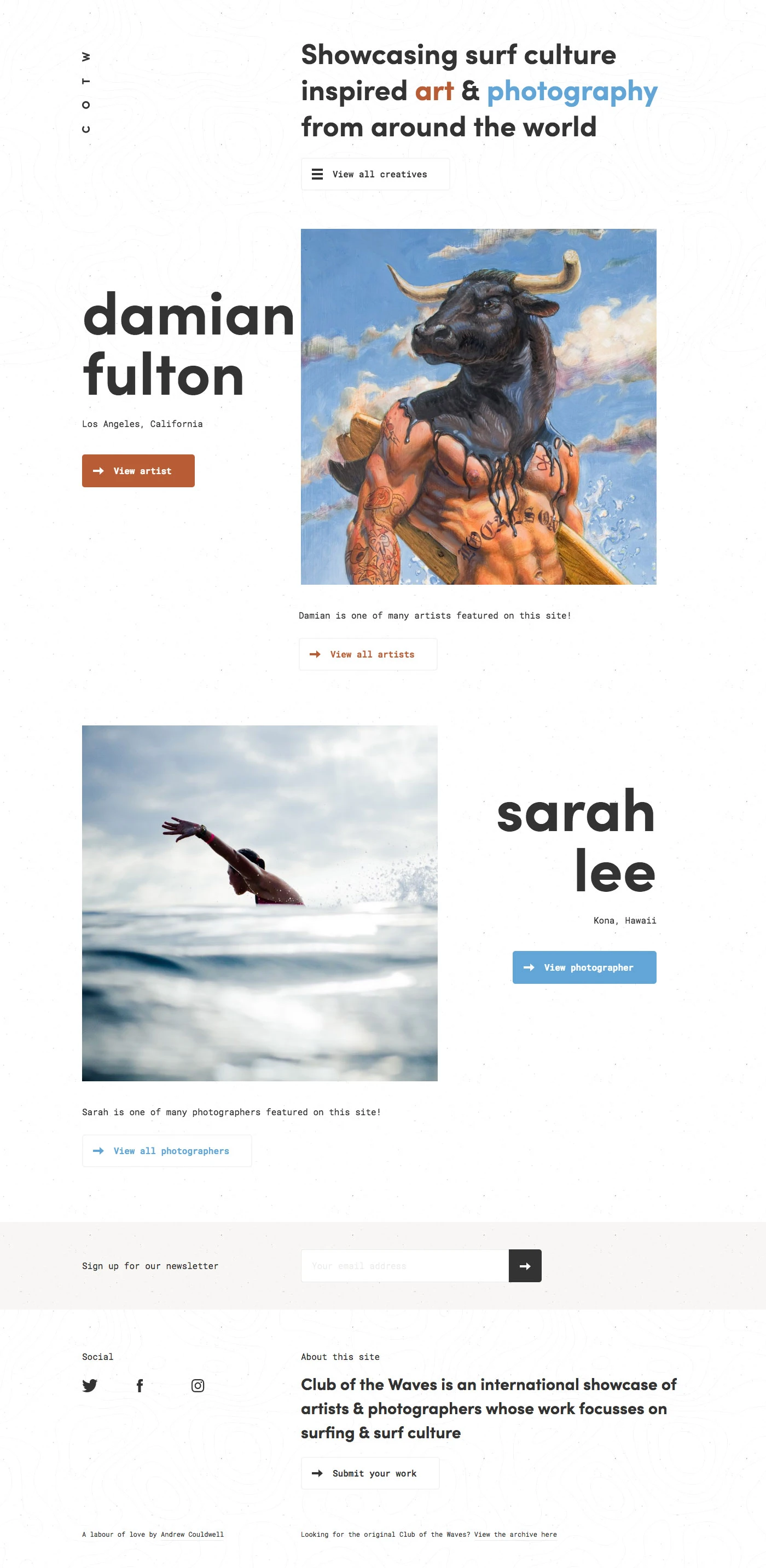 Club of the Waves Landing Page Example: Club of the Waves is an international showcase of artists and photographers whose work focusses on surfing and surf culture