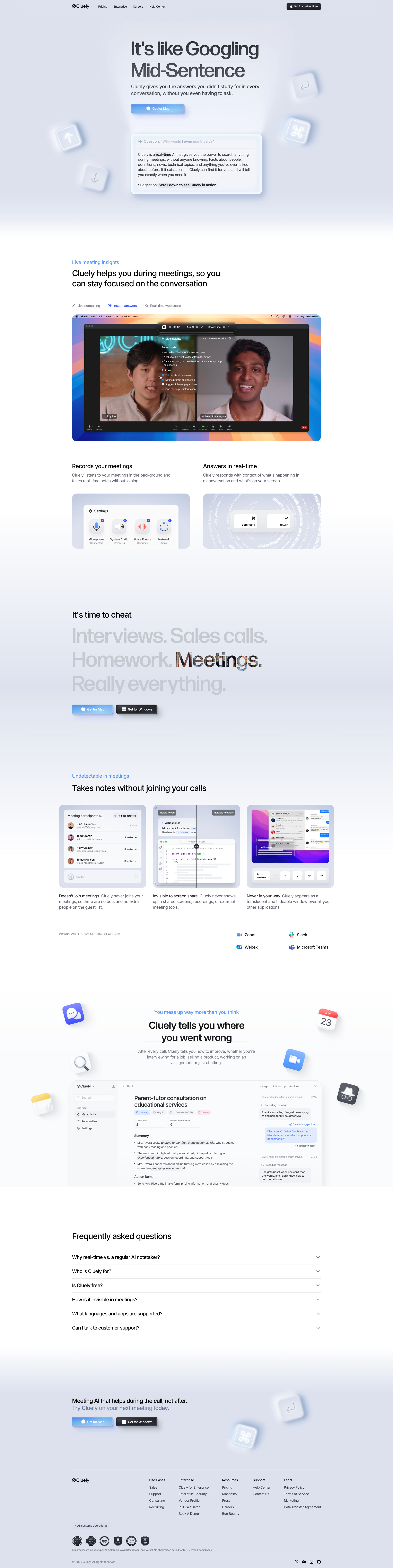 Cluely Landing Page Example: AI meeting assistant that provides live meeting notes, instant answers, and real-time insights during calls. Cluely helps you during meetings, so you can stay focused on the conversation.