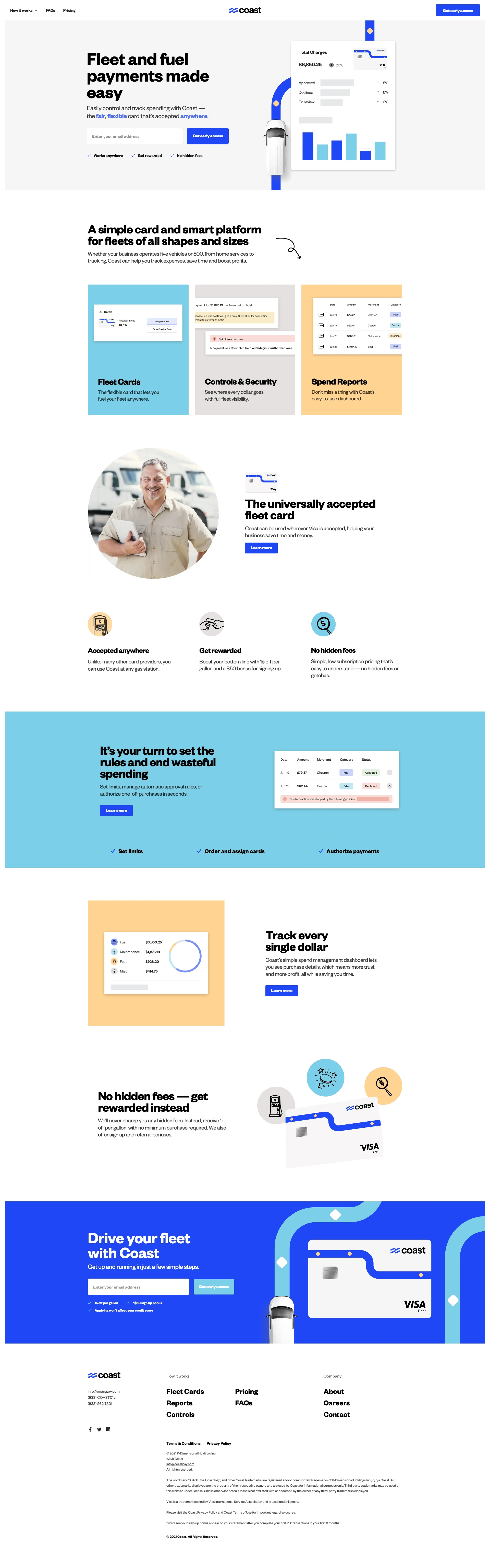 Coast Landing Page Example: Coast is the simple, all-in-one fleet and fuel card that helps businesses easily pay for and track vehicle expenses. It's quick to set up, easy-to-use, and full of rewards.
