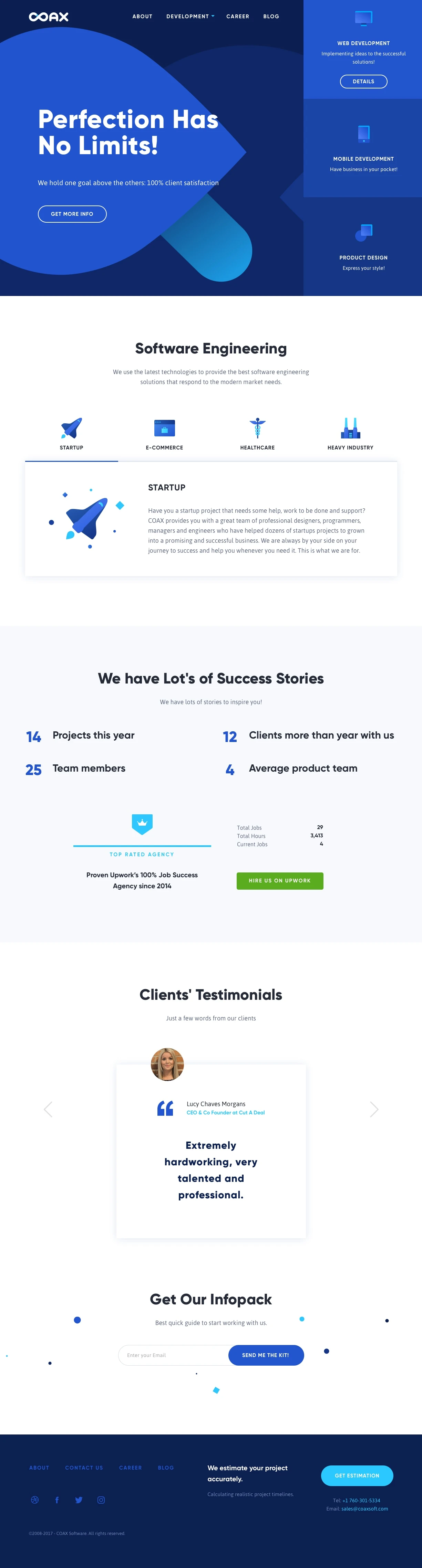 COAX Landing Page Example: COAX software development company provides you with a great team of professional designers, programmers, managers and engineers who have helped dozens of startups projects to grown into a promising and successful business. 