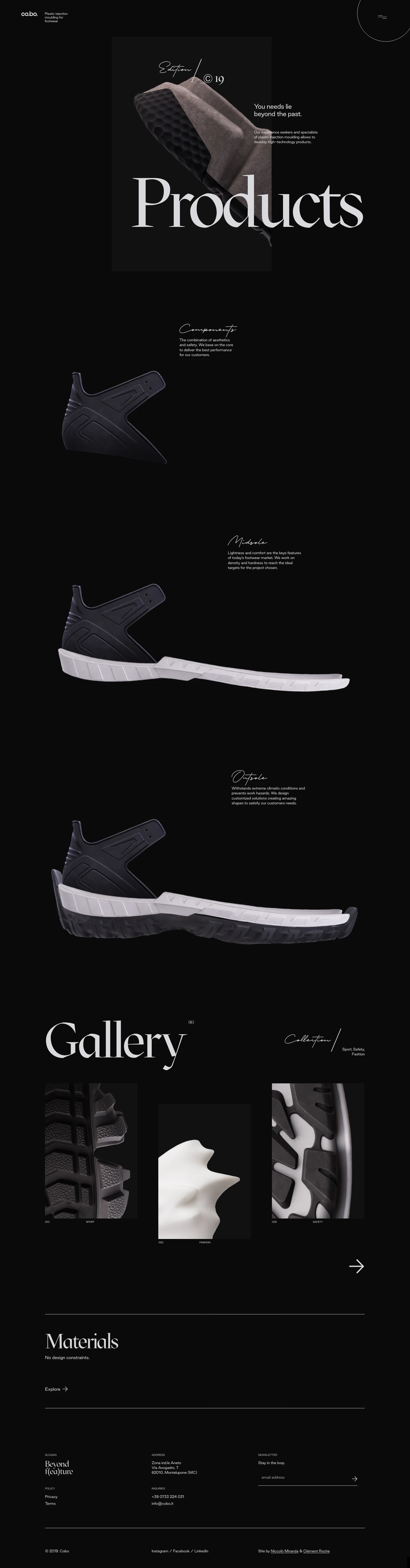 Cobo Landing Page Example: Cobo is a worldwide leader in plastic injection moulding for footwear. Since 1984, we deliver full-service experiences of cutting-edge soles and components shaping our customer's future.