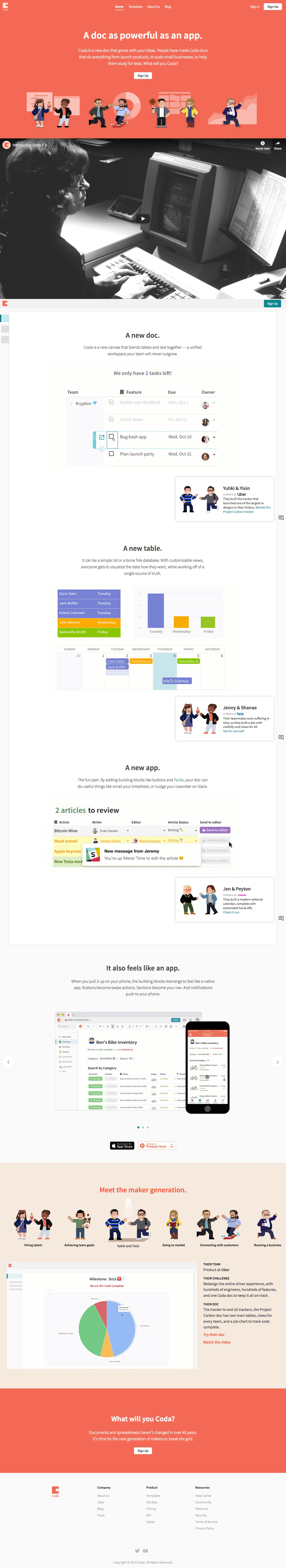 Coda Landing Page Example: Coda is a new doc that grows with your ideas. We built it so the next generation of makers can build docs as powerful as apps. What will you Coda?