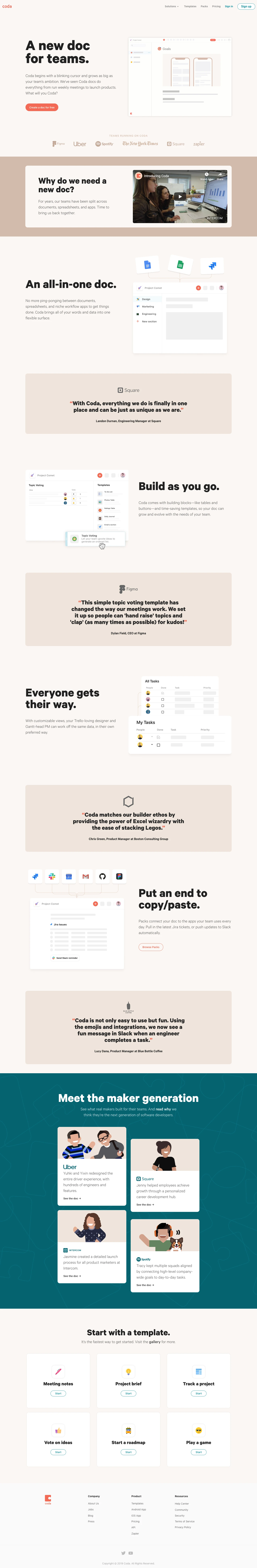 Coda Landing Page Example: Coda begins with a blinking cursor and grows as big as your team’s ambition. We’ve seen Coda docs do everything from run weekly meetings to launch products.