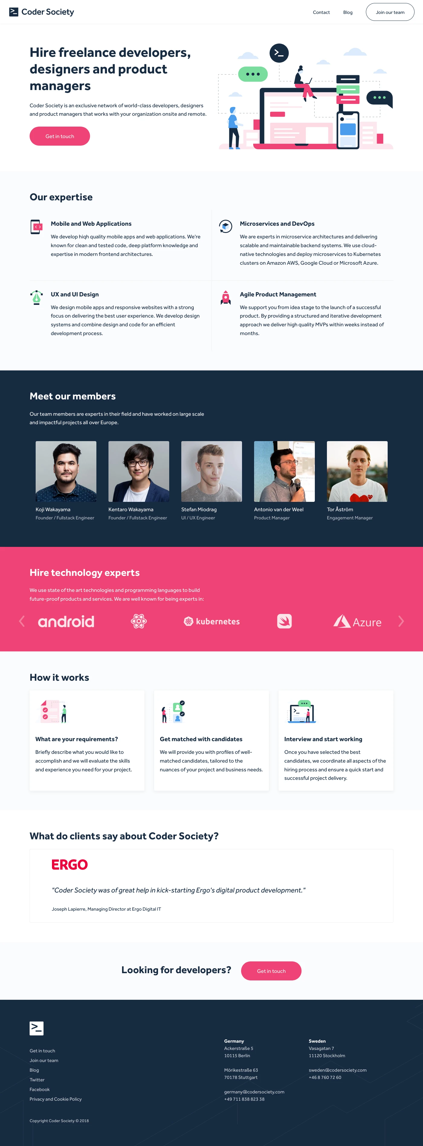 Coder Society Landing Page Example: Coder Society is an exclusive network of world-class developers, designers and product managers that works with your organization onsite and remote.