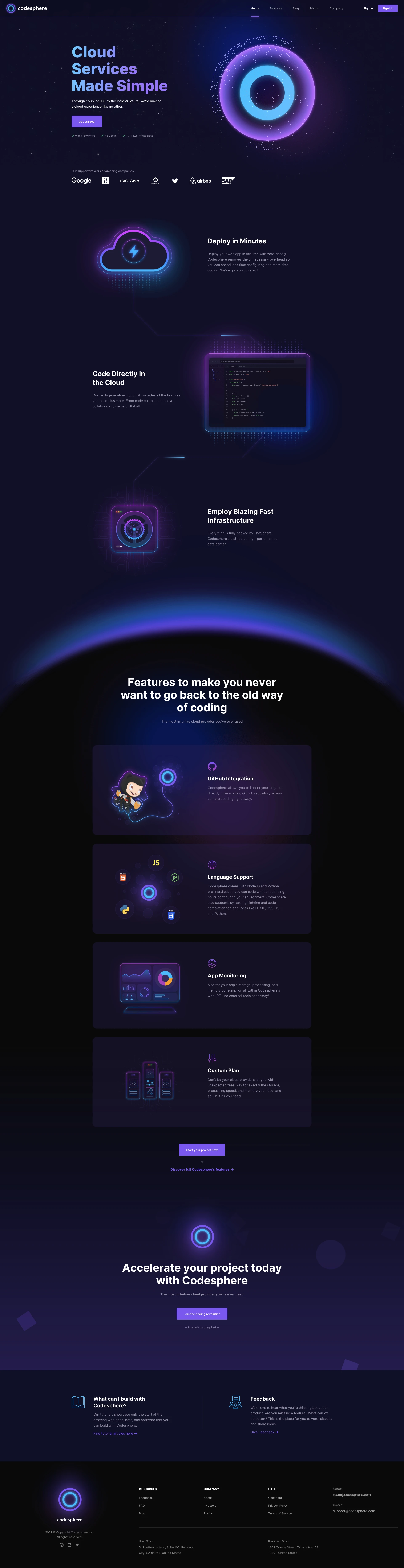 Codesphere Landing Page Example: Cloud Services Made Simple. Through coupling IDE to the infrastructure, we're making a cloud experience like no other.
