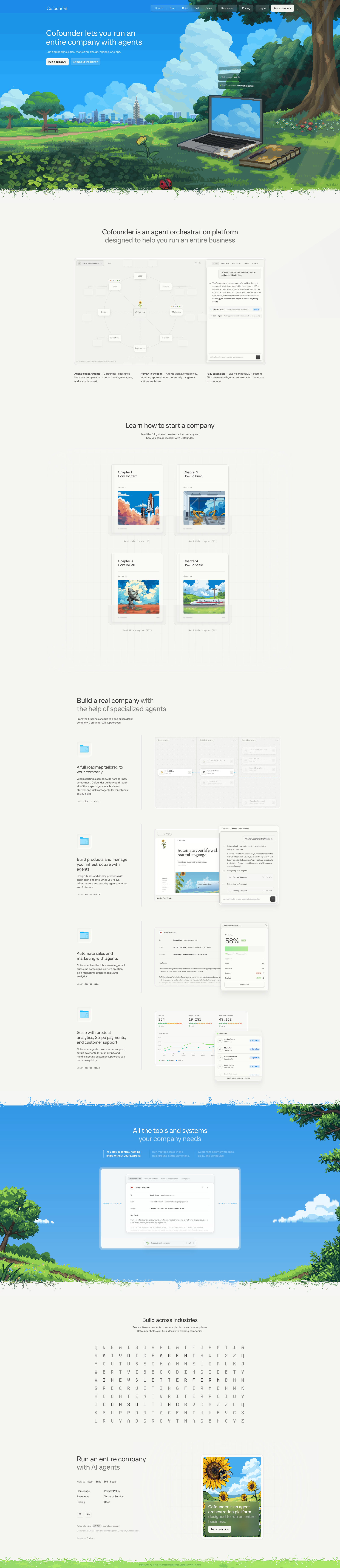 Cofounder Landing Page Example: Cofounder lets you run an entire company with agents. Run engineering, sales, marketing, design, finance, and ops. Build a real company with the help of specialized agents.