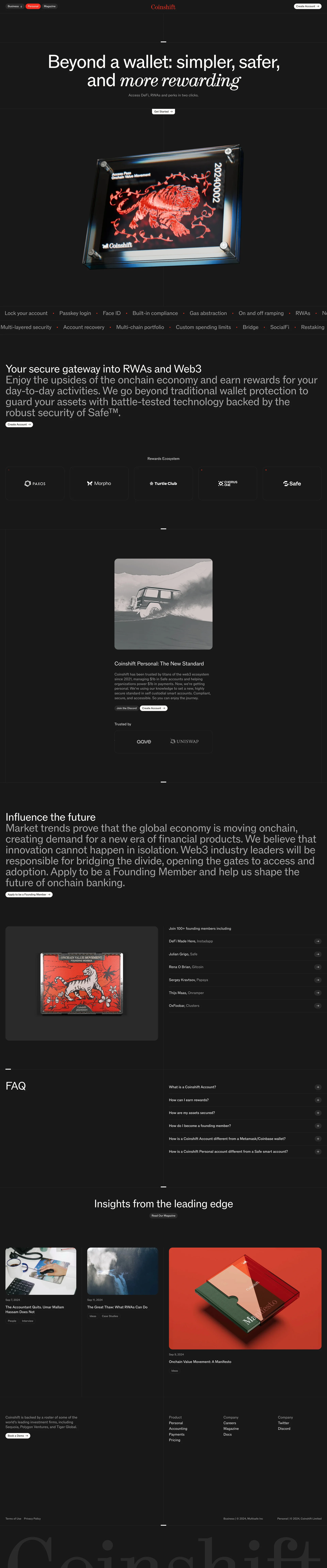 Coinshift Landing Page Example: Coinshift Personal brings the user experience of neobanking and trusted protections of traditional finance onchain. Access RWAs, DeFi, and rewards with ease and confidence, plus security backed by Safe.
