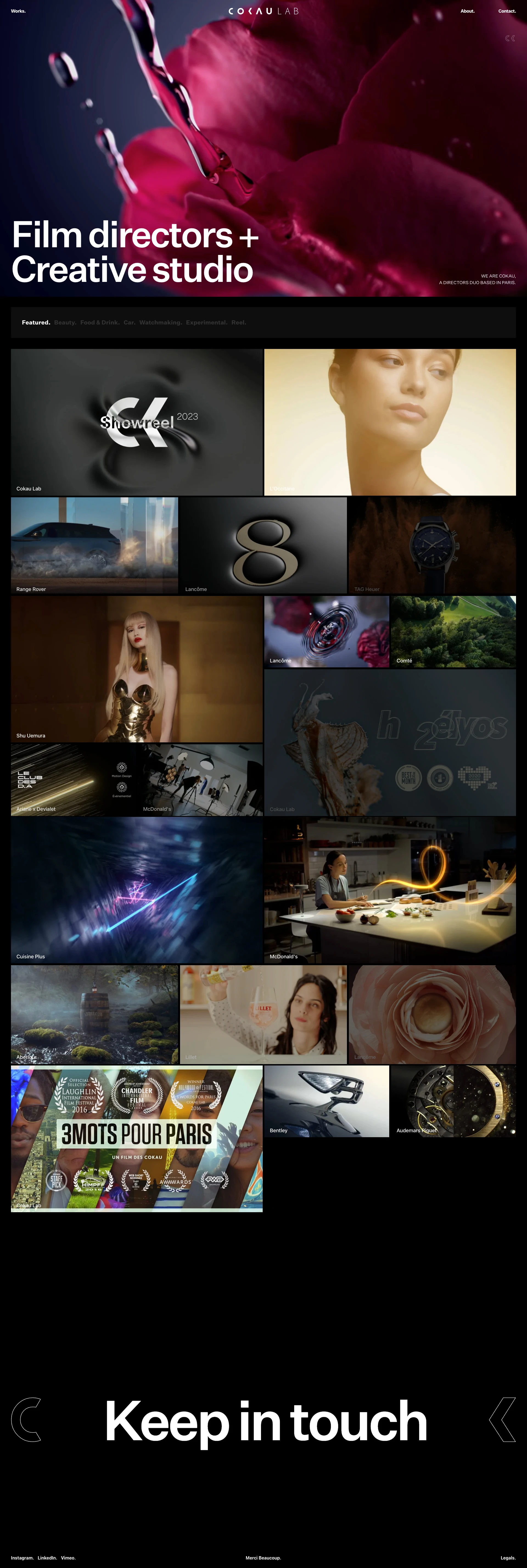 Cokau Landing Page Example: Film directors + Creative studio. We are Cokau, a directors duo based in Paris. We mainly work with luxury brands or food industry but we also like to explore our artistic limits with experimental films.