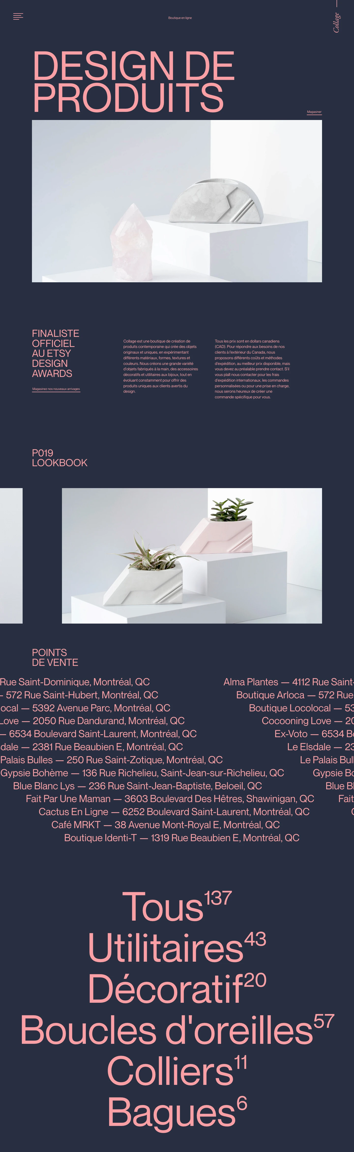 Collage Crafting Landing Page Example: Collage is a contemporary product design boutique that creates original and unique objects, experimenting with different materials, shapes and colours.