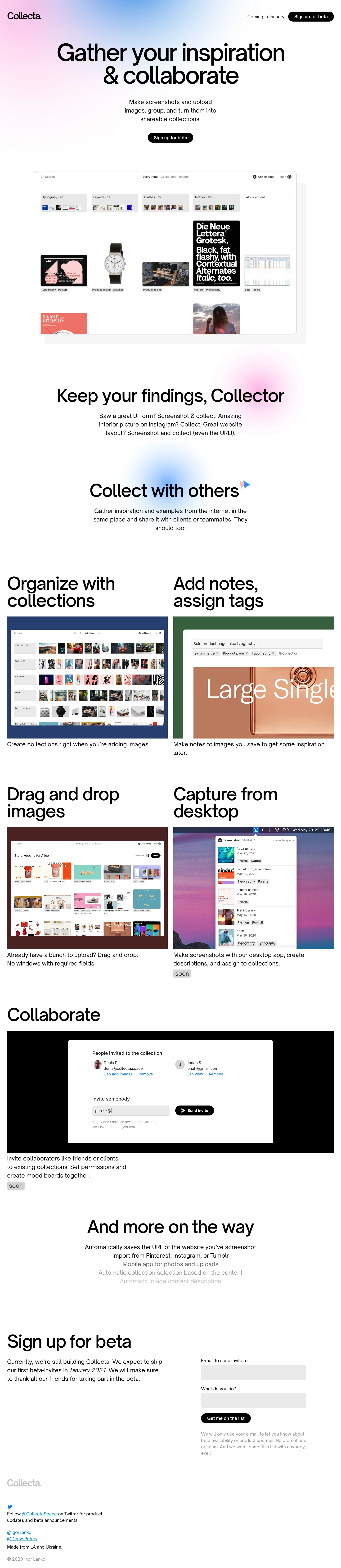 Collecta Landing Page Example: Gather your inspiration & collaborate. Make screenshots and upload images, group, and turn them into shareable collections.