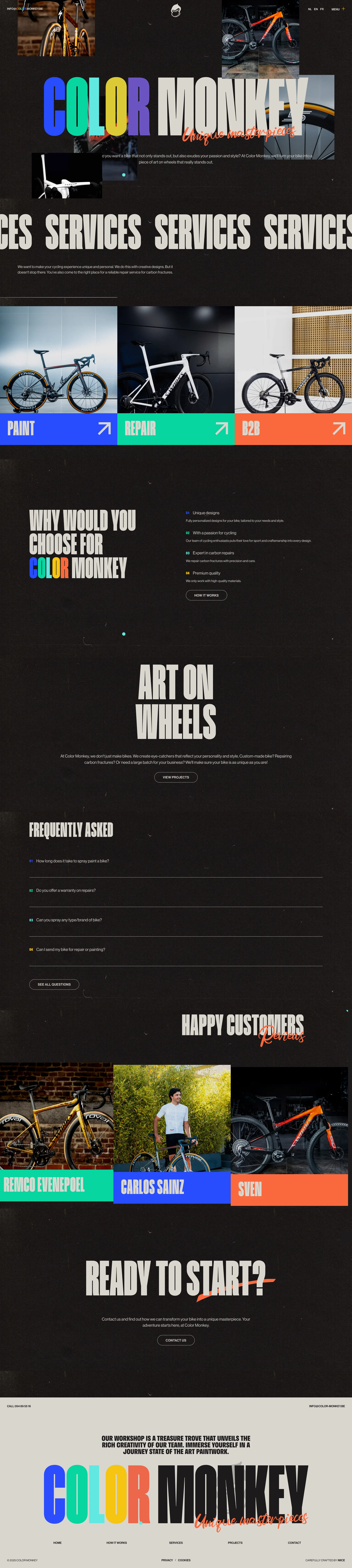Color Monkey Landing Page Example: Discover Color Monkey, the specialist in unique custom road bikes. From painting to carbon repairs — your bike, your story. Start your adventure today!