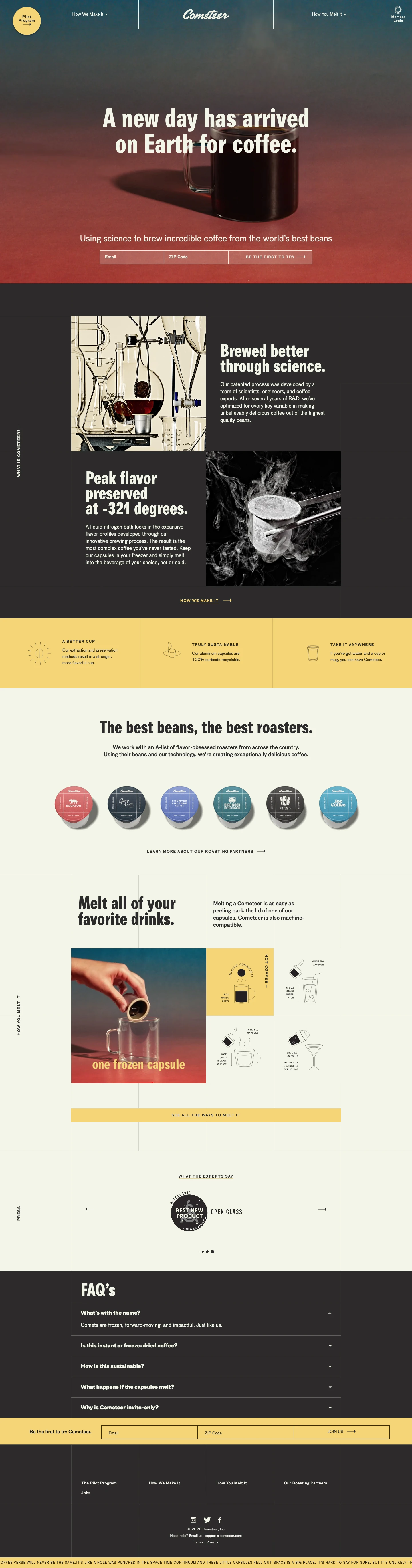 Cometeer Landing Page Example: A new day has arrived on Earth for coffee. Using science to brew incredible coffee from the world’s best beans.