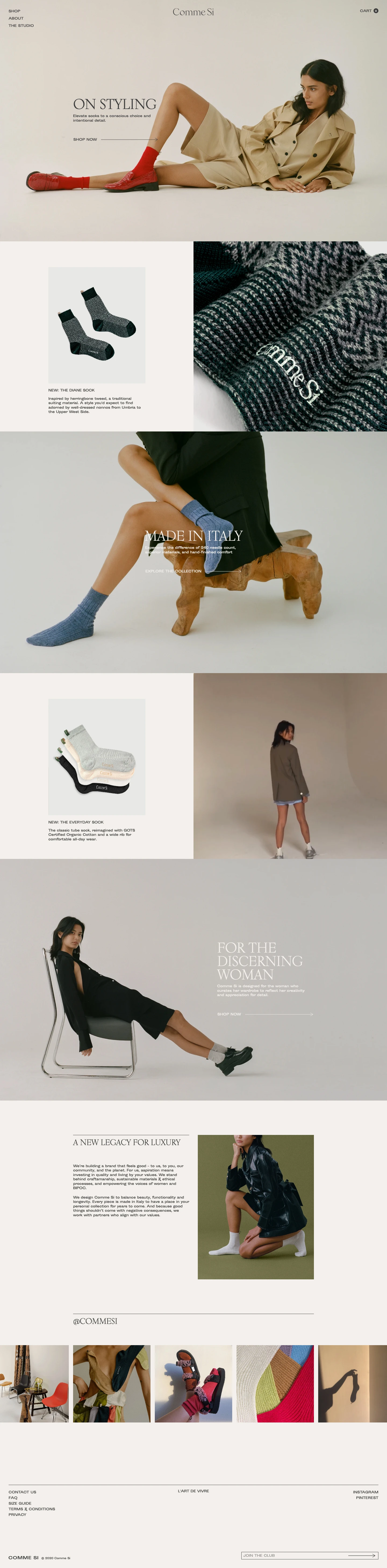Comme Si Landing Page Example: Refined socks that are both functional and beautiful. Made in Italy from the highest quality natural materials like cashmere, silk, merino wool, cotton. Enjoy a little luxury and upgrade your sock drawer.