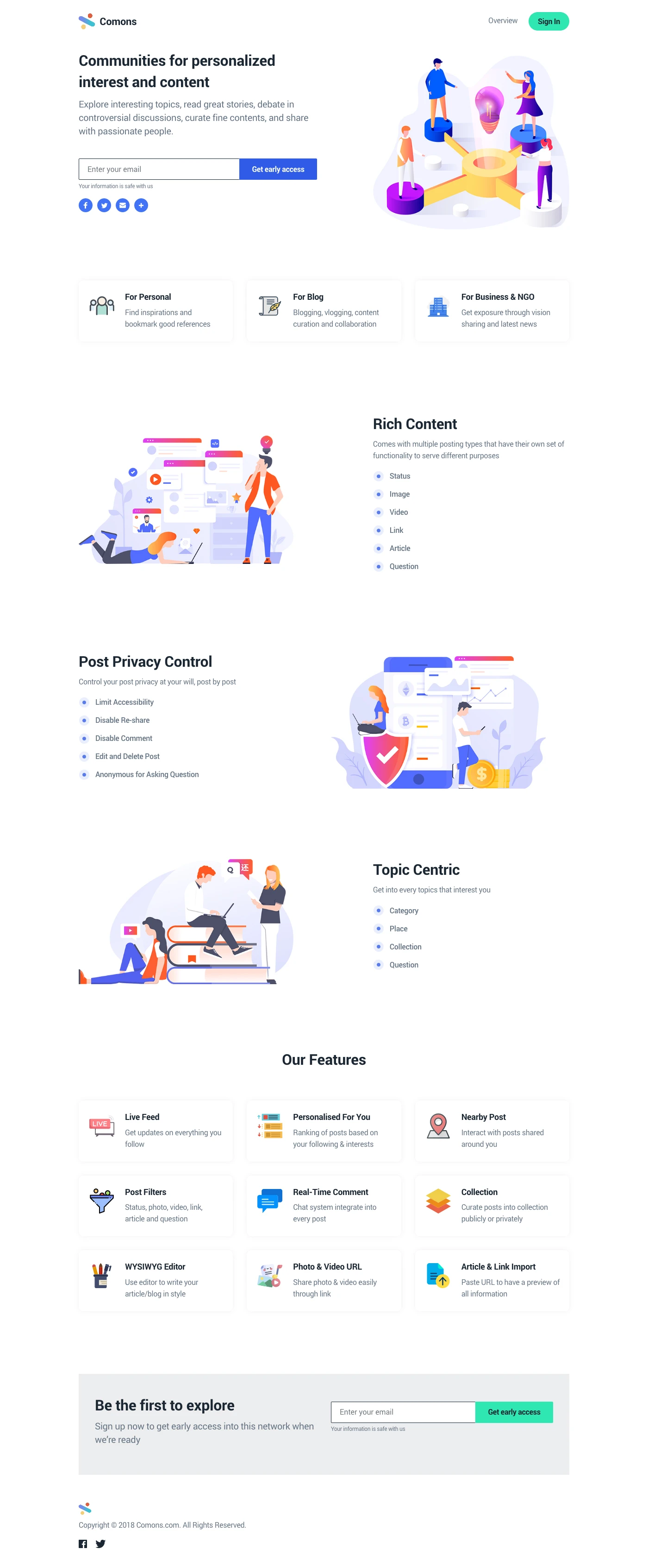Comons Landing Page Example: Explore interesting topics, read great stories, debate in controversial discussions, curate fine contents, and share with passionate people.
