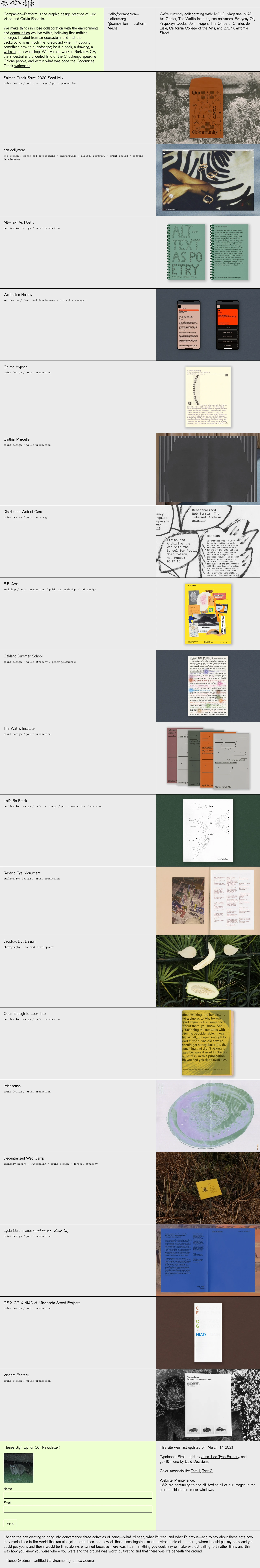Companion-Platform Landing Page Example: Companion-Platform is the graphic design practice of Lexi Visco and Calvin Rocchio. We are based in Berkeley, CA. We make publications, websites, and identities in close collaboration with the environments and communities we live within.