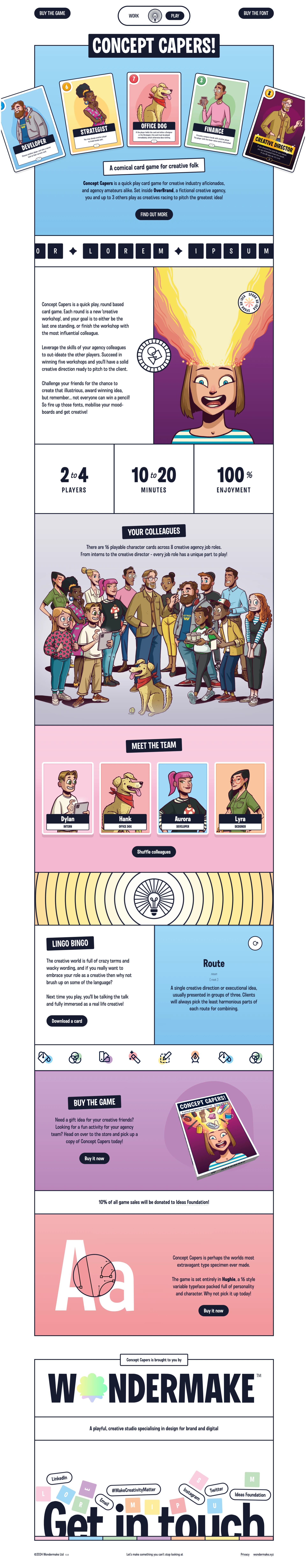 Concept Capers Landing Page Example: Concept Capers is a quick play card game for creative industry aficionados, and agency amateurs alike. Set inside OverBrand, a fictional creative agency, you and up to 3 others play as creatives racing to pitch the greatest idea!
