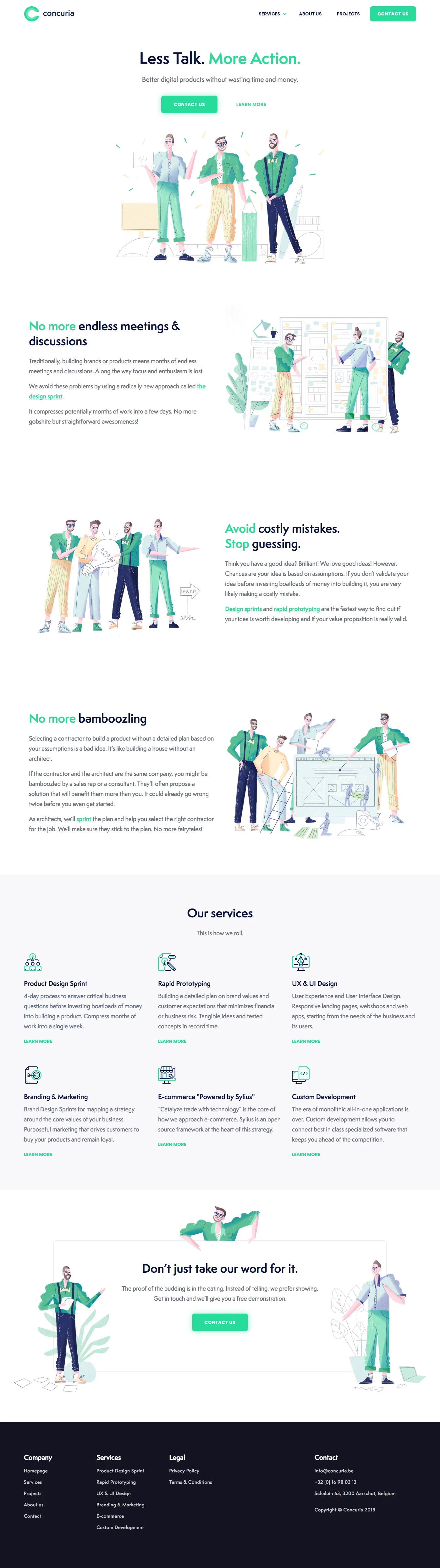 Concuria Landing Page Example: Better digital products without wasting time and money. Product Design Sprints, Rapid Prototyping, UX & UI Design & Custom development.