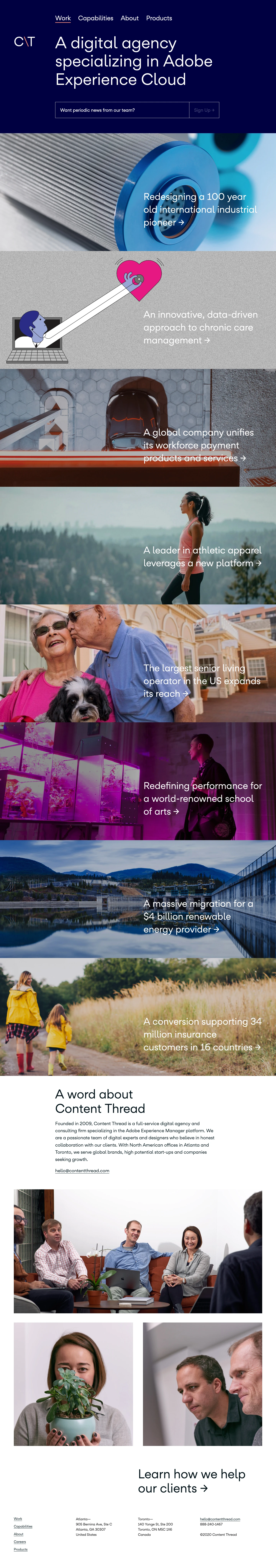 Content Thread Landing Page Example: Content Thread is and Adobe Partner specializing in Adobe Experience Manager (AEM) development, design, and anaytics.