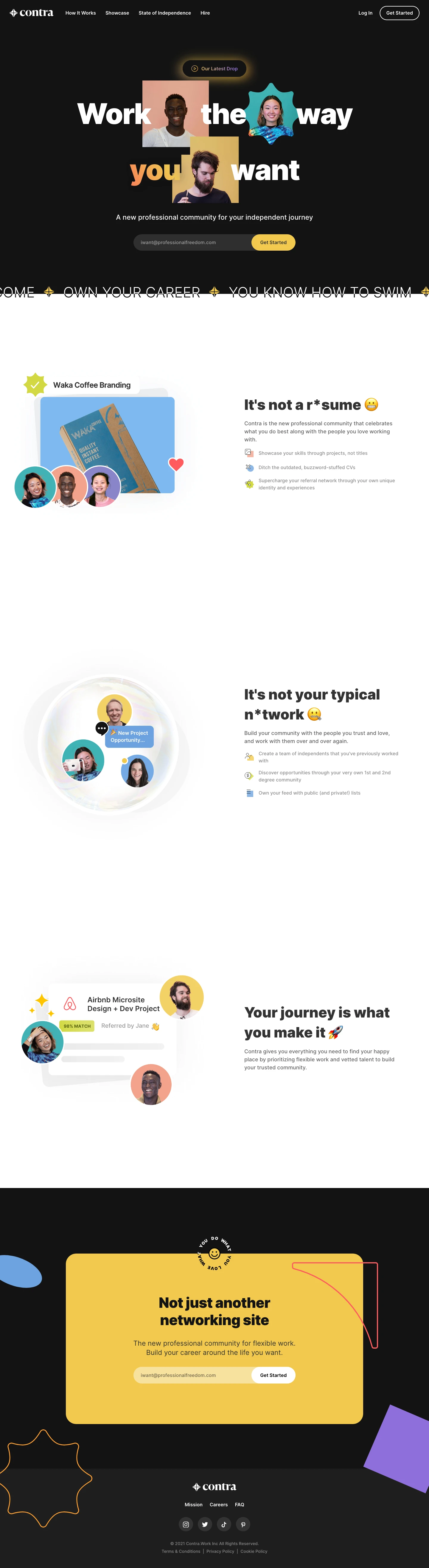 Contra Landing Page Example: Contra is a new professional community for your independent journey. Everything you need to find remote, freelance and flexible work from your own trusted network.