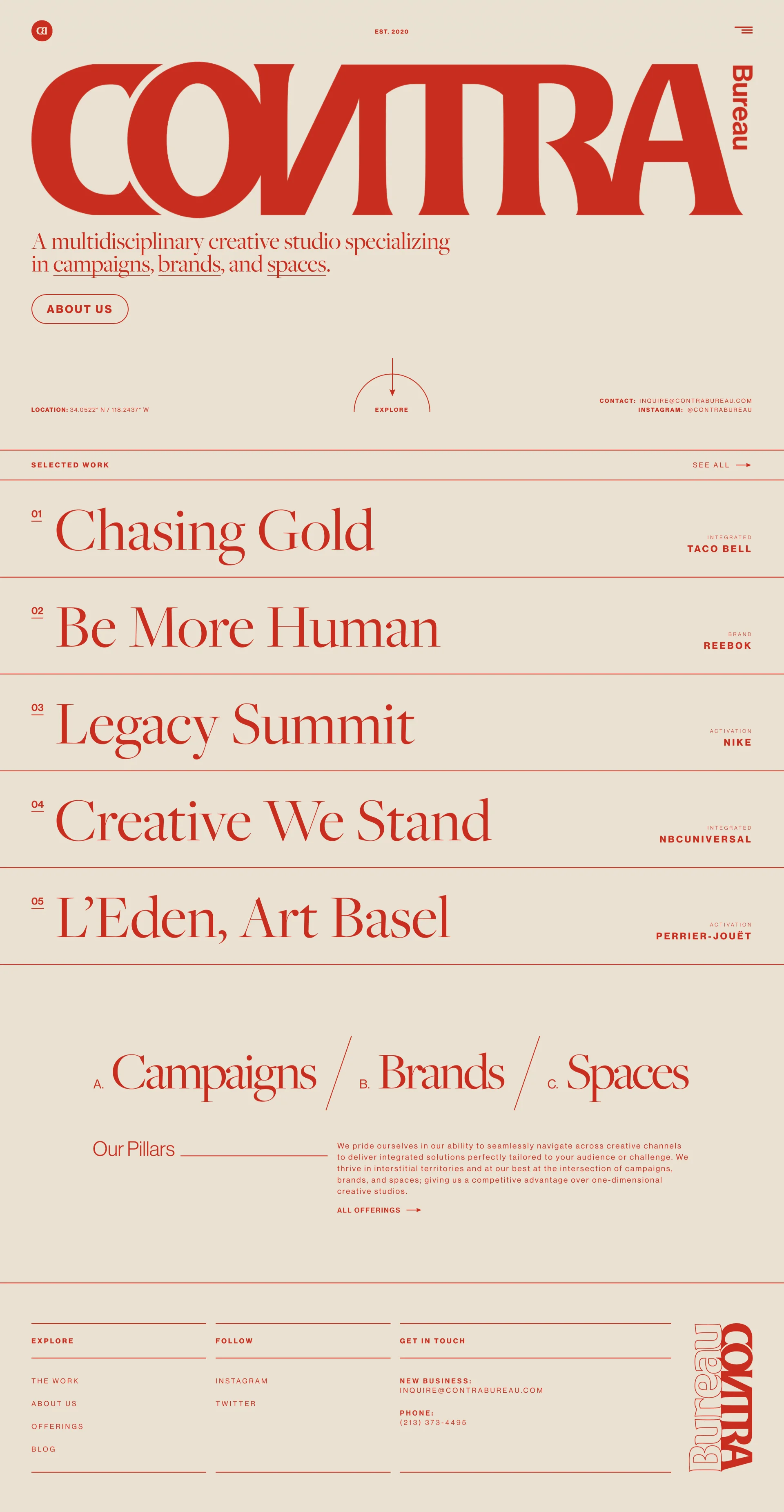 ContraBureau Landing Page Example: A multidisciplinary creative studio specializing in campaigns, brands, and spaces.