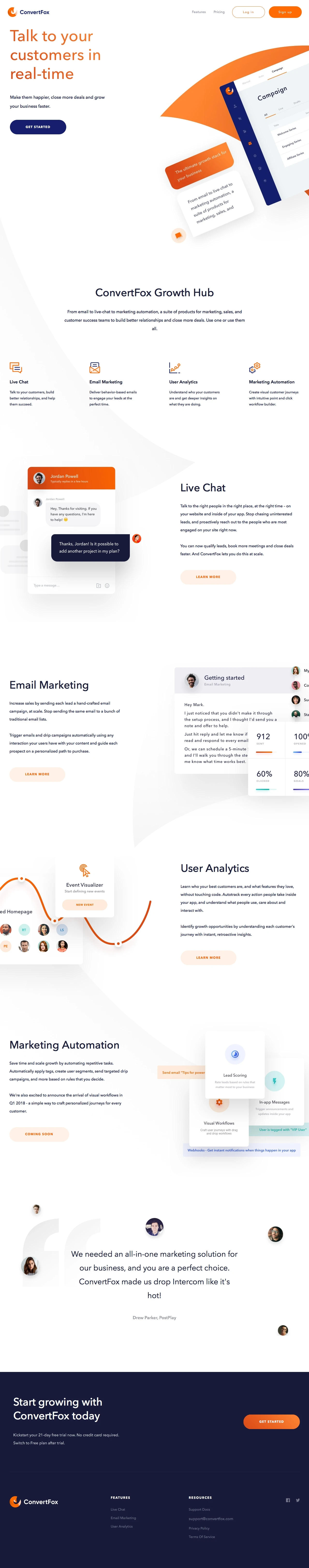 ConvertFox Landing Page Example: From email to live-chat to marketing automation, a suite of products for marketing, sales, and customer success teams to build better relationships and close more deals. Use one or use them all.