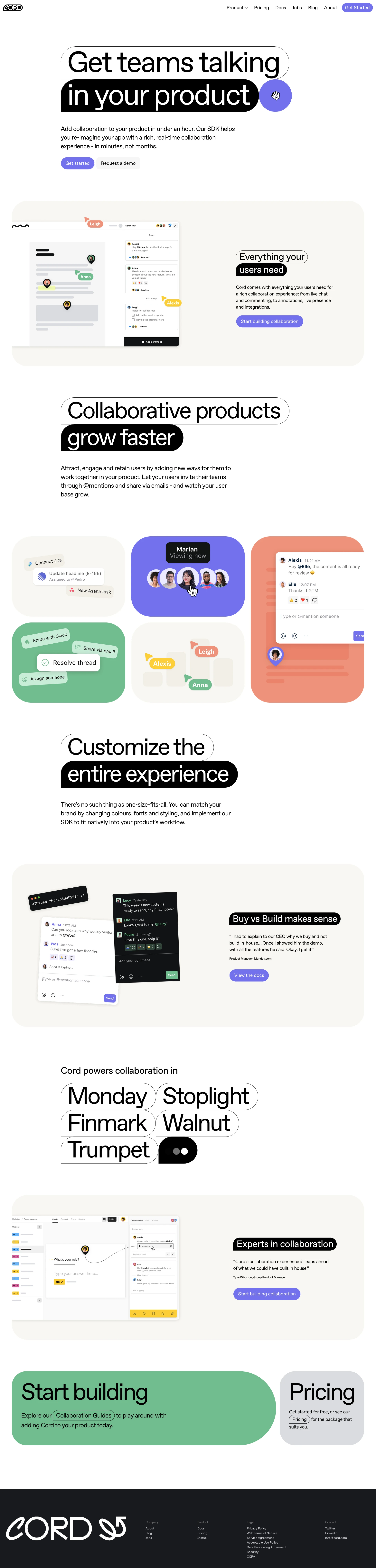 Cord Landing Page Example: Get teams talking in your product. Add collaboration to your product in under an hour. Our SDK helps you re-imagine your app with a rich, real-time collaboration experience - in minutes, not months.