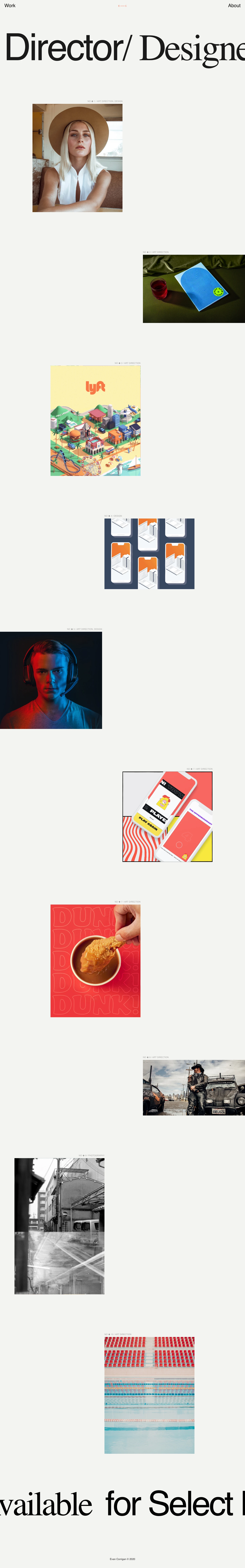 Evan Corrigan Landing Page Example: I’m an Interactive Art Director & Design Lead. I aim to craft resonating experiences that translate brand ethos into empathy, within the digital space.