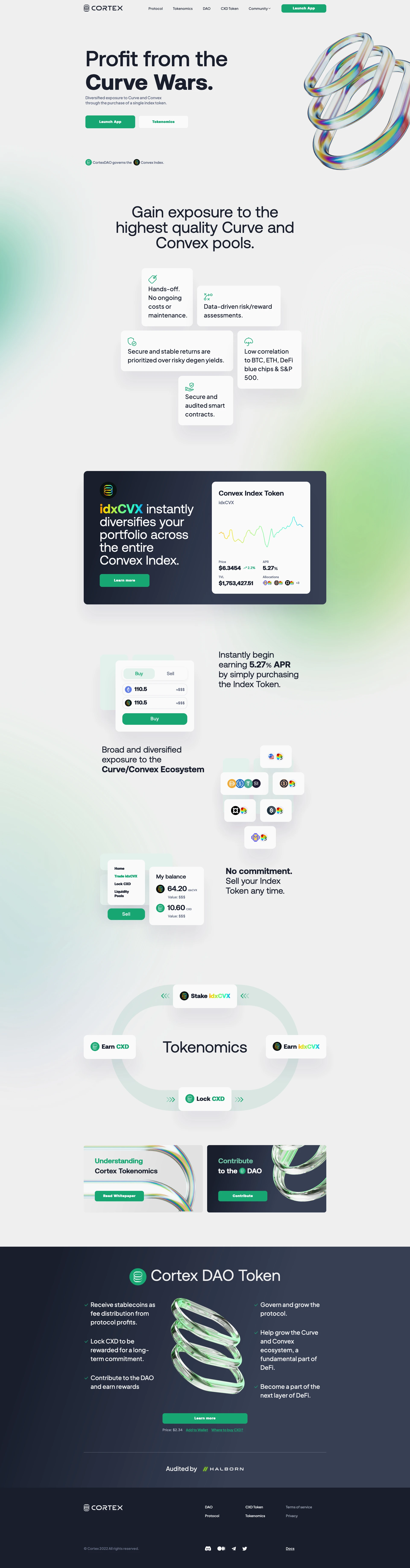 CortexDAO Landing Page Example: Profit from the Curve Wars. CortexDAO will govern the upcoming Convex Index.