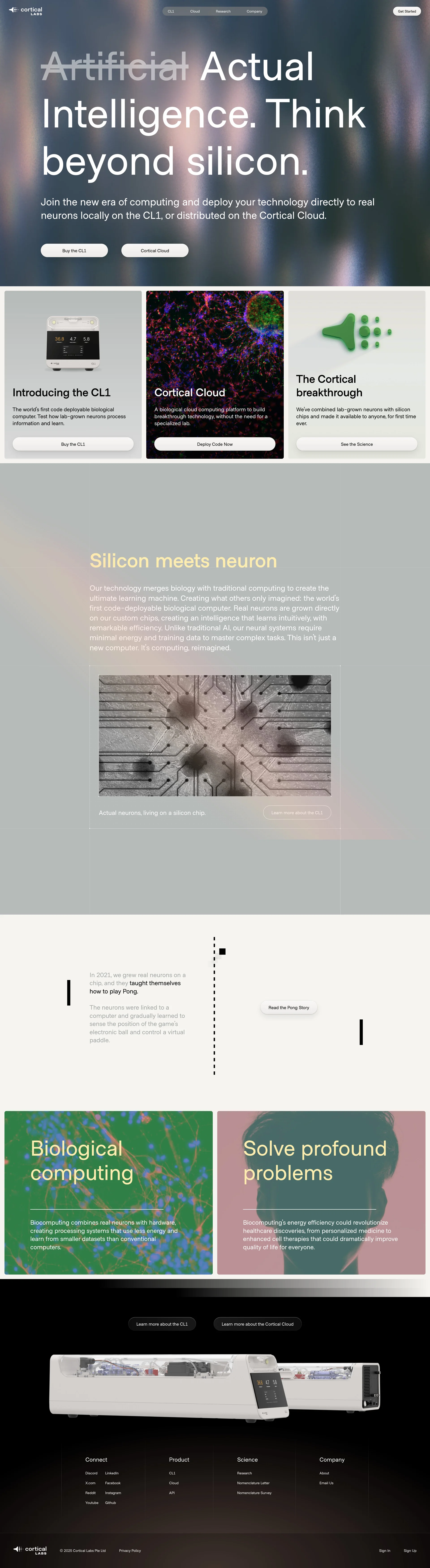 Cortical Labs Landing Page Example: Intelligence. Think beyond silicon. We've combined lab-grown neurons with silicon chips and made it available to anyone, for first time ever.
